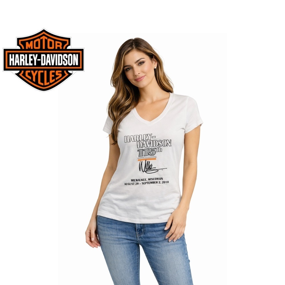 NWOT Woman’s Harley Davison 115th short sleeve V-neck T-shirt size large